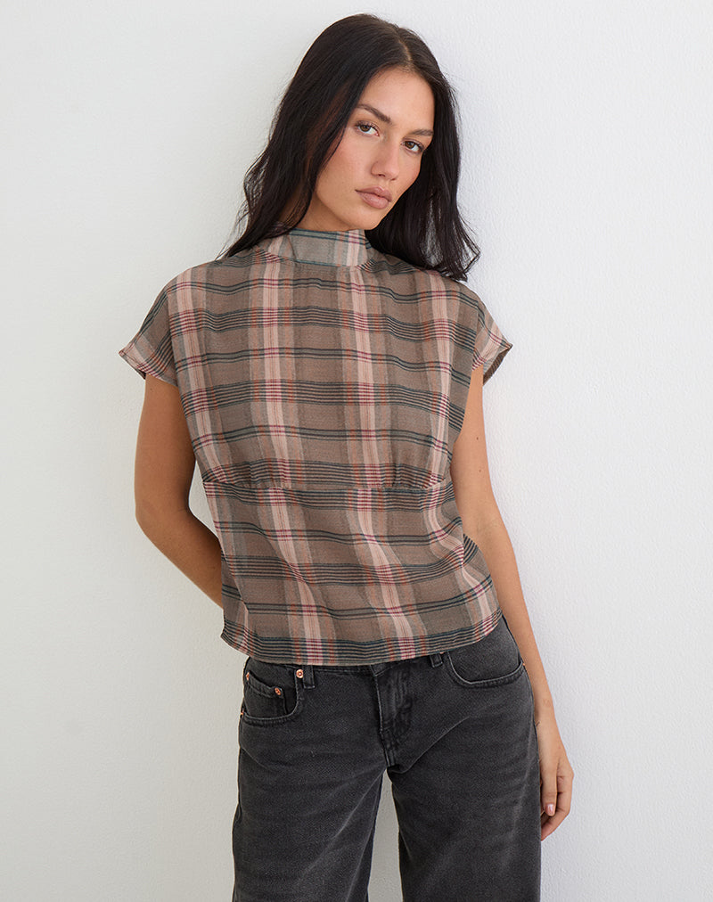 Sekala Top in Brown and Pink Blurry Check