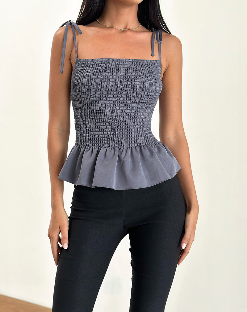 Seora Tie Shoulder Shirred Top in Grey