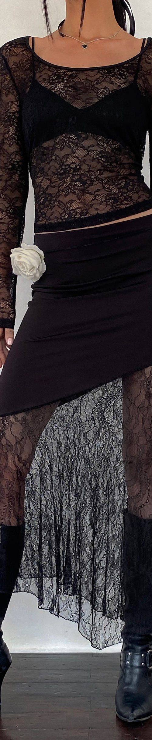 Image of Seraphina Asymmetric Lace Hem Maxi Skirt in Black