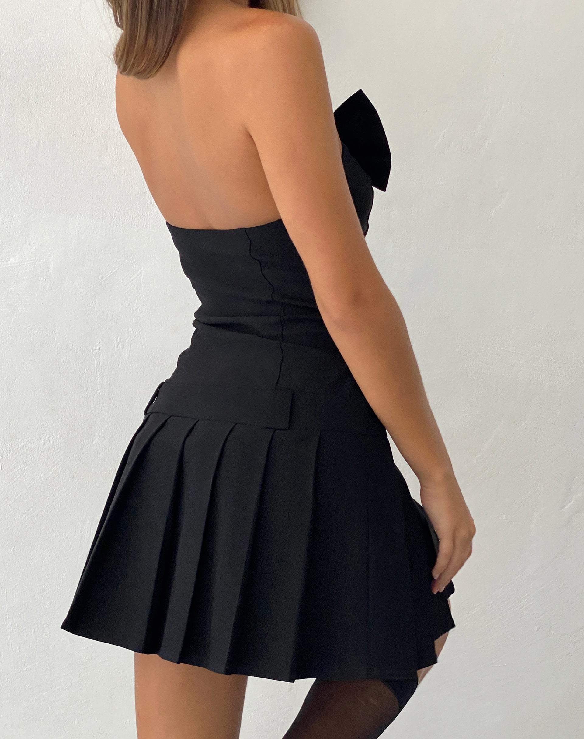 Image of Seroja Bow Front Mini Dress in Black Tailoring