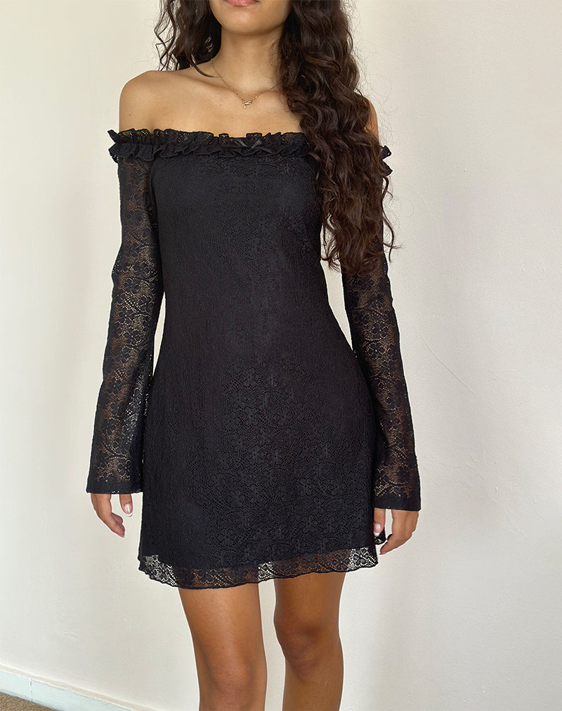 Image of Severine Bardot Mini Dress Lace Black