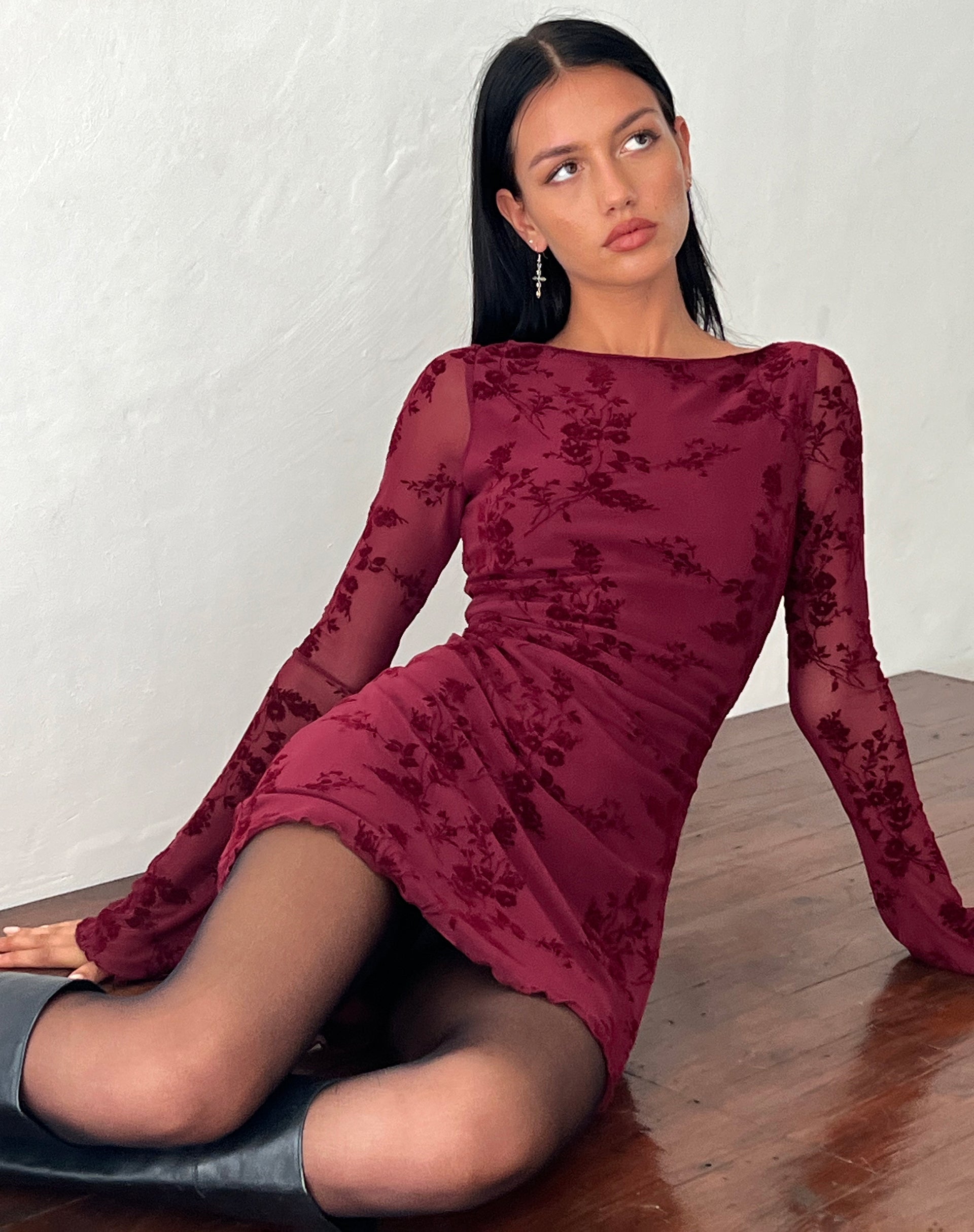 Image of Sevila Long Sleeve Mini Dress in Flocked Botanical Flower Maroon