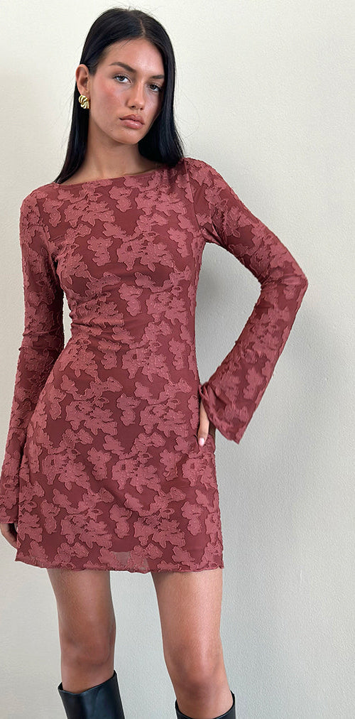 Image of Sevila Dress in Maroon Burnout Mesh