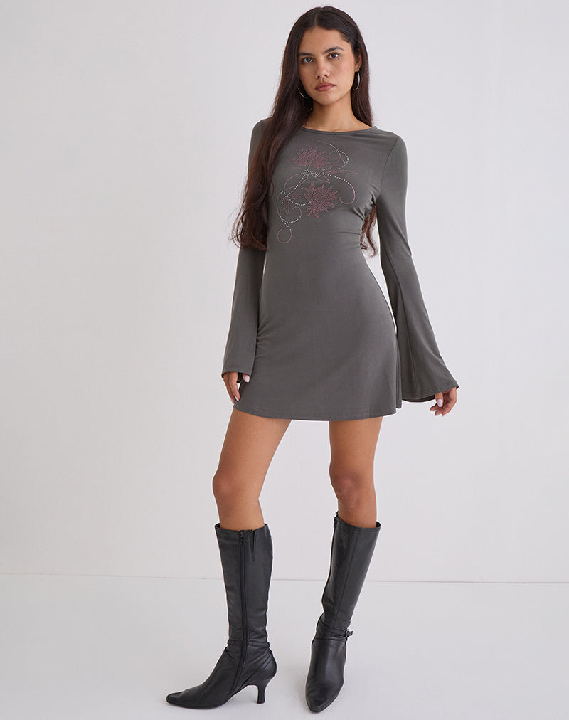 Image of Sevila Long Sleeve Mini Dress in Cupro Diamante Flower Dark Grey