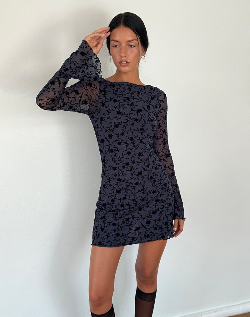 Image of Sevila Long Sleeve Mini Dress in Flocked Petal Navy