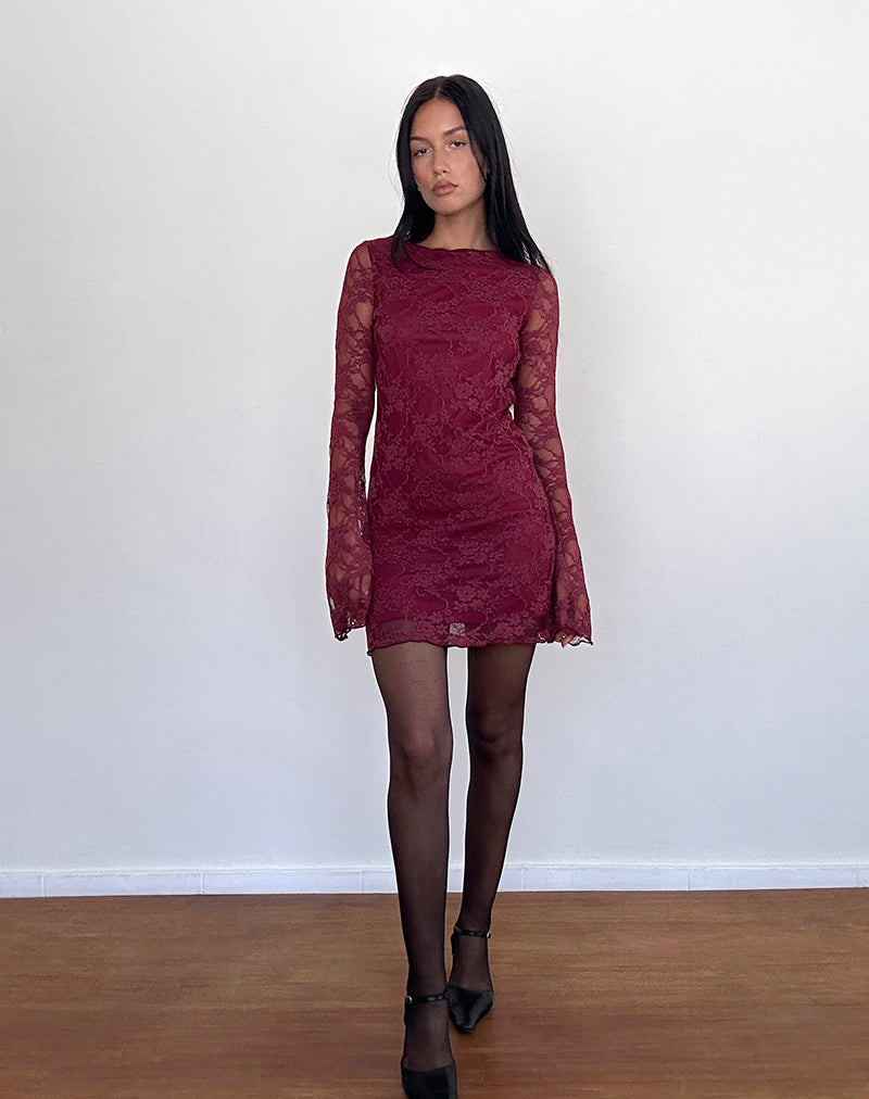 Image of Sevila Long Sleeve Mini Dress Lace Burgundy