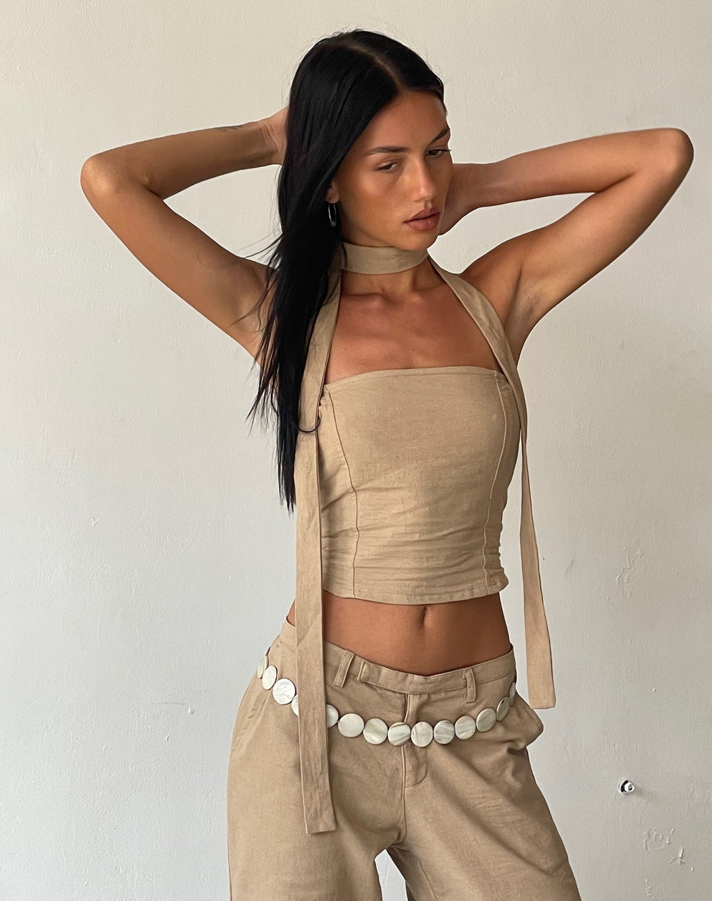 Ensemble haut bandeau et écharpe Shaloe de MOTEL X JACQUIE en taupe clair