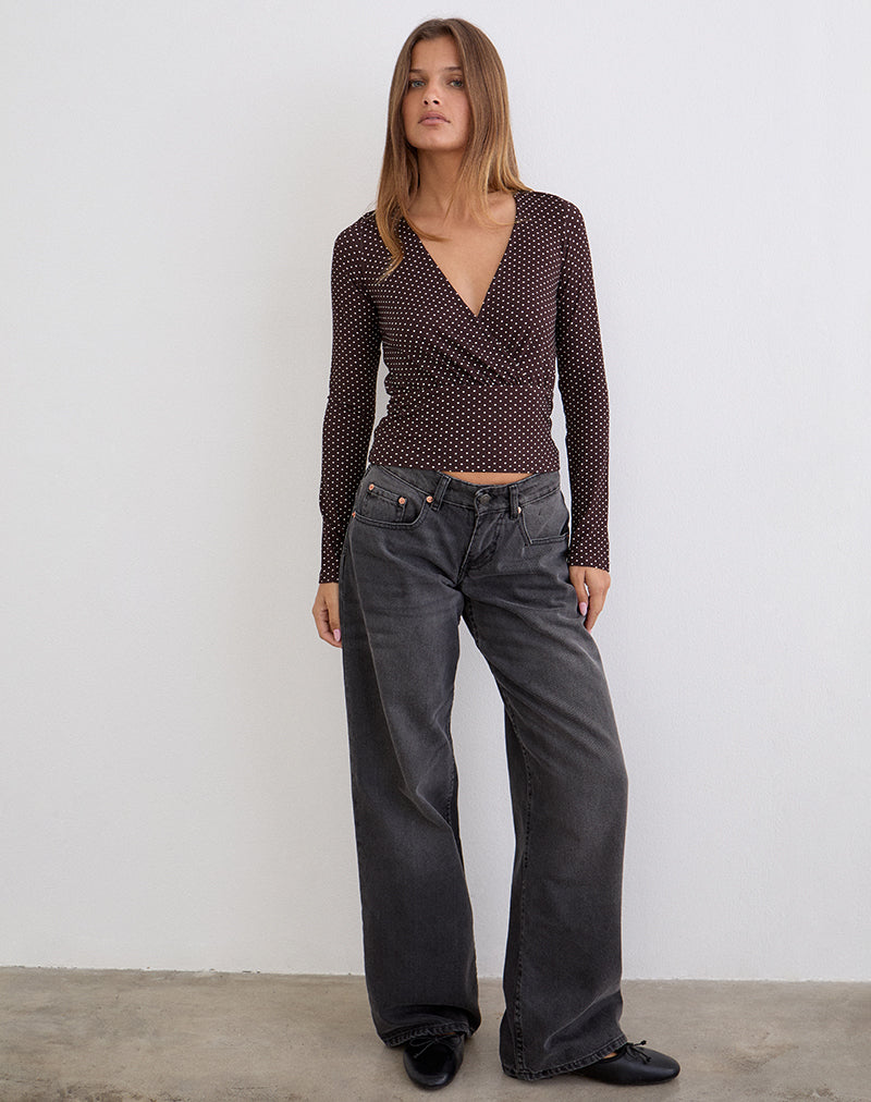 Image of Sheon Long Sleeve Top in Rayon Jersey Brown with Micro Polka Print