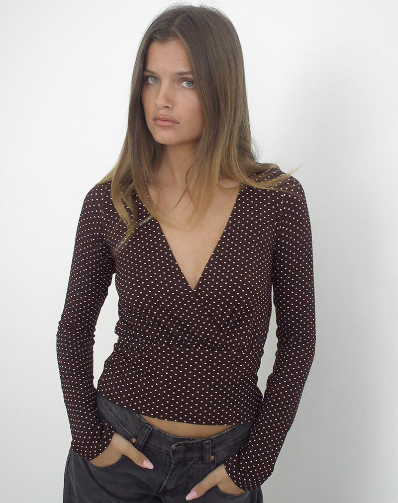 Image of Sheon Long Sleeve Top in Rayon Jersey Brown with Micro Polka Print