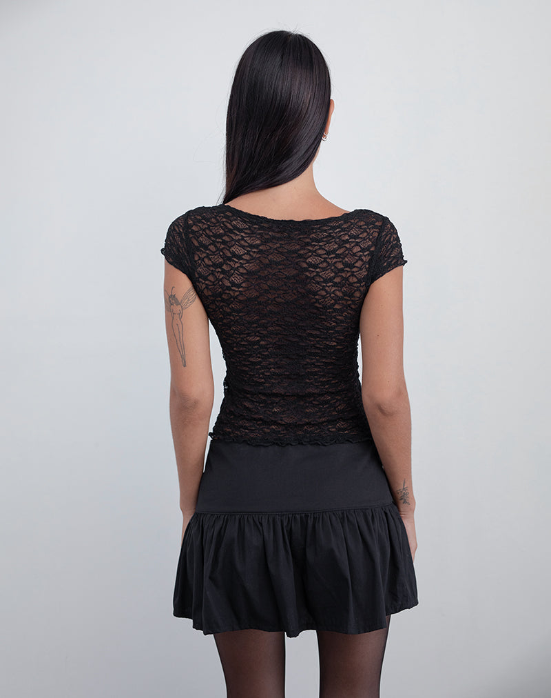 Image of Sherine Lace Top in Black with Pink Ribbon