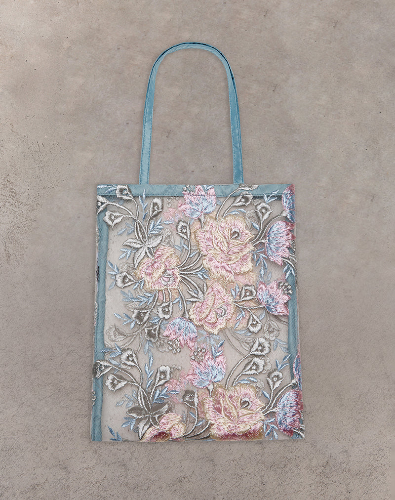Image of Shi Bag in Natural Lace Embroidery with Blue Satin Binding