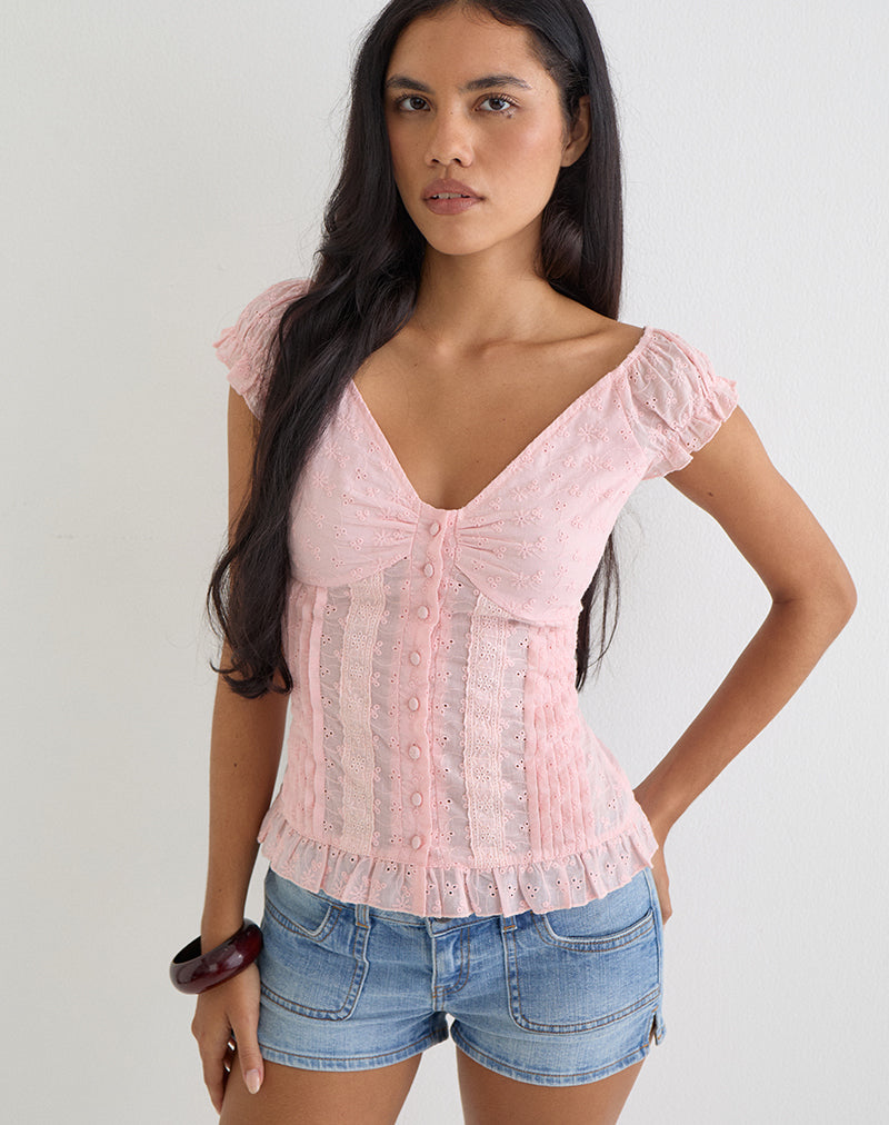 Shiku Button Up Top in Broderie Pink
