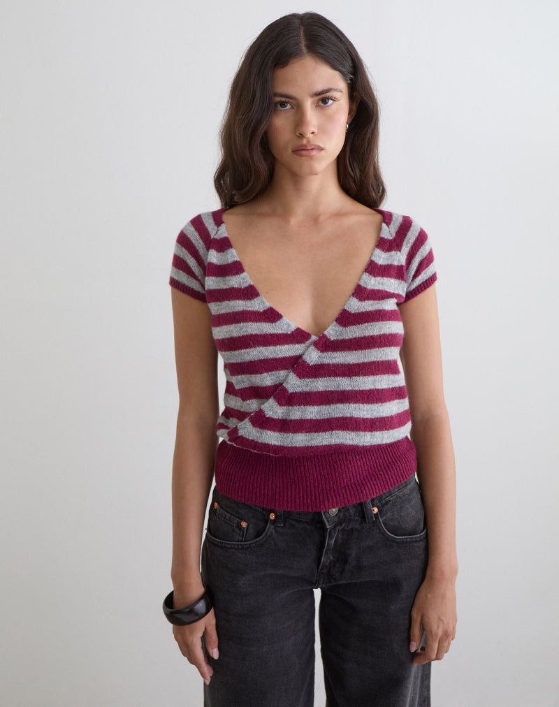 Shilpa Top in Maxi-Streifen Weinrot und Grau