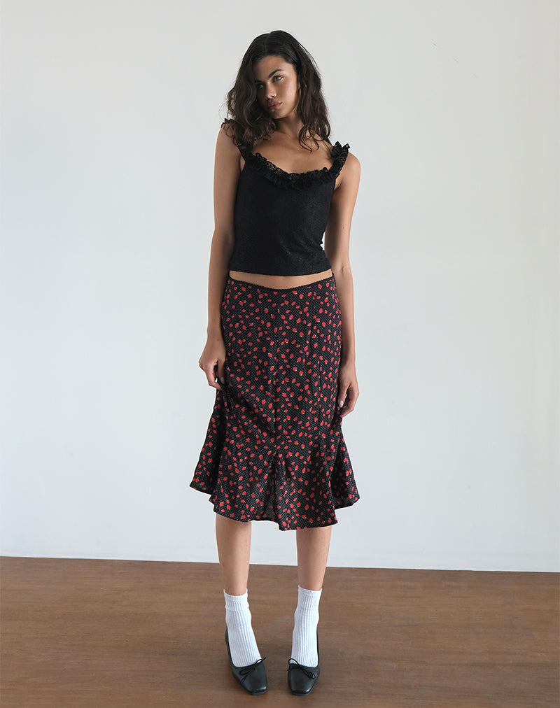 Strawberry Polka Black Midi Skirt | Sima – motelrocks-com-eur