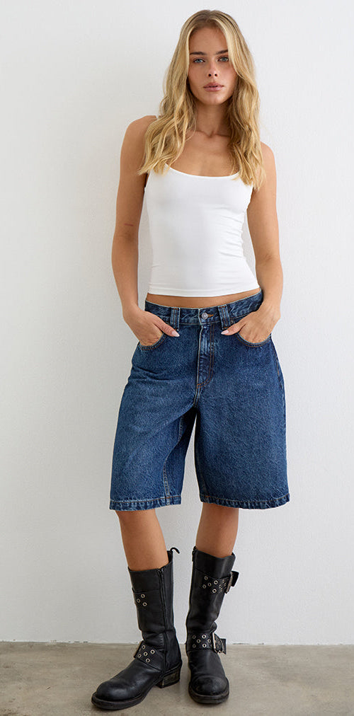 Image of Low Rise Denim Skater Short in Mid Blue Used