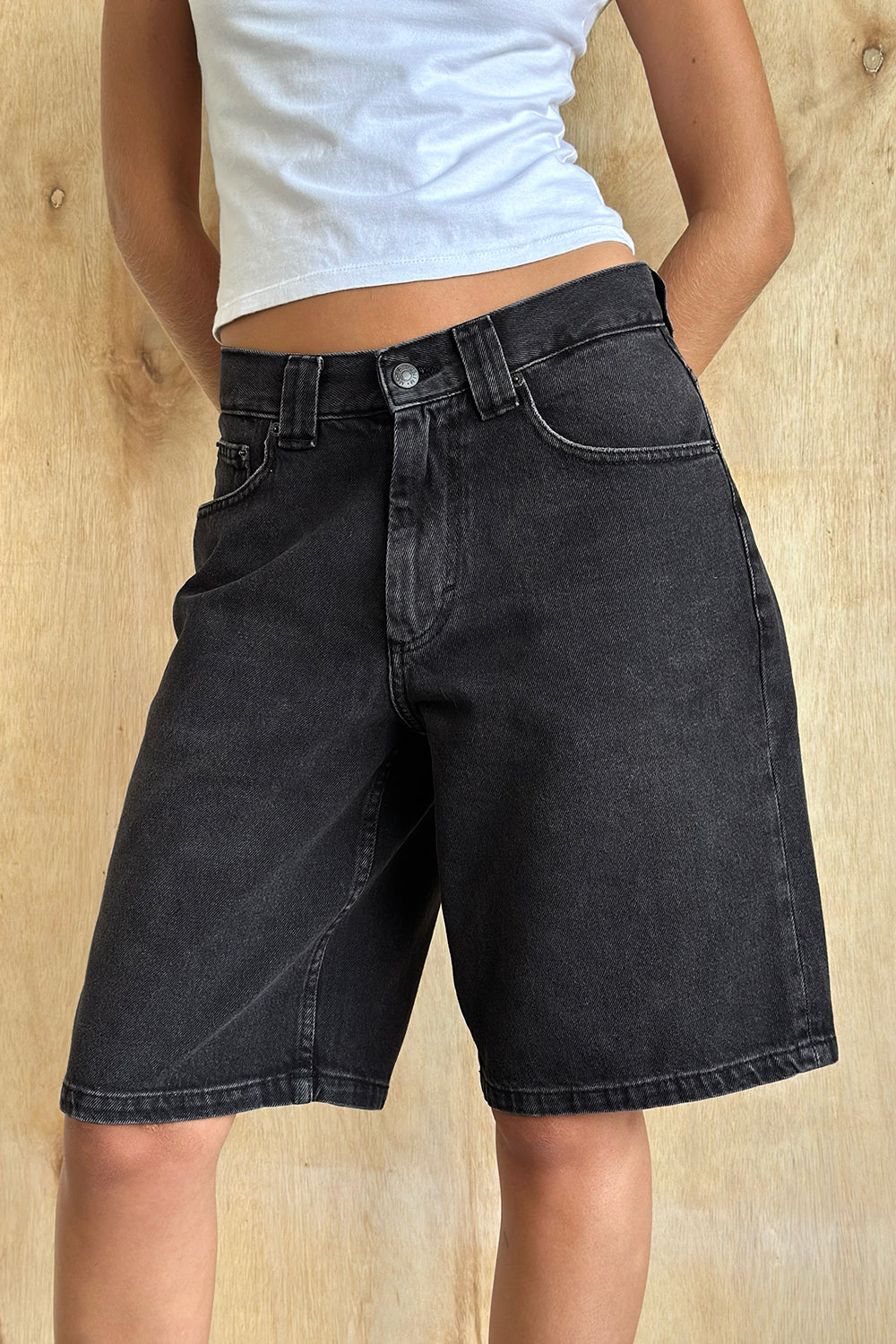 Low Rise Skater Shorts in Washed Black Grey Denim