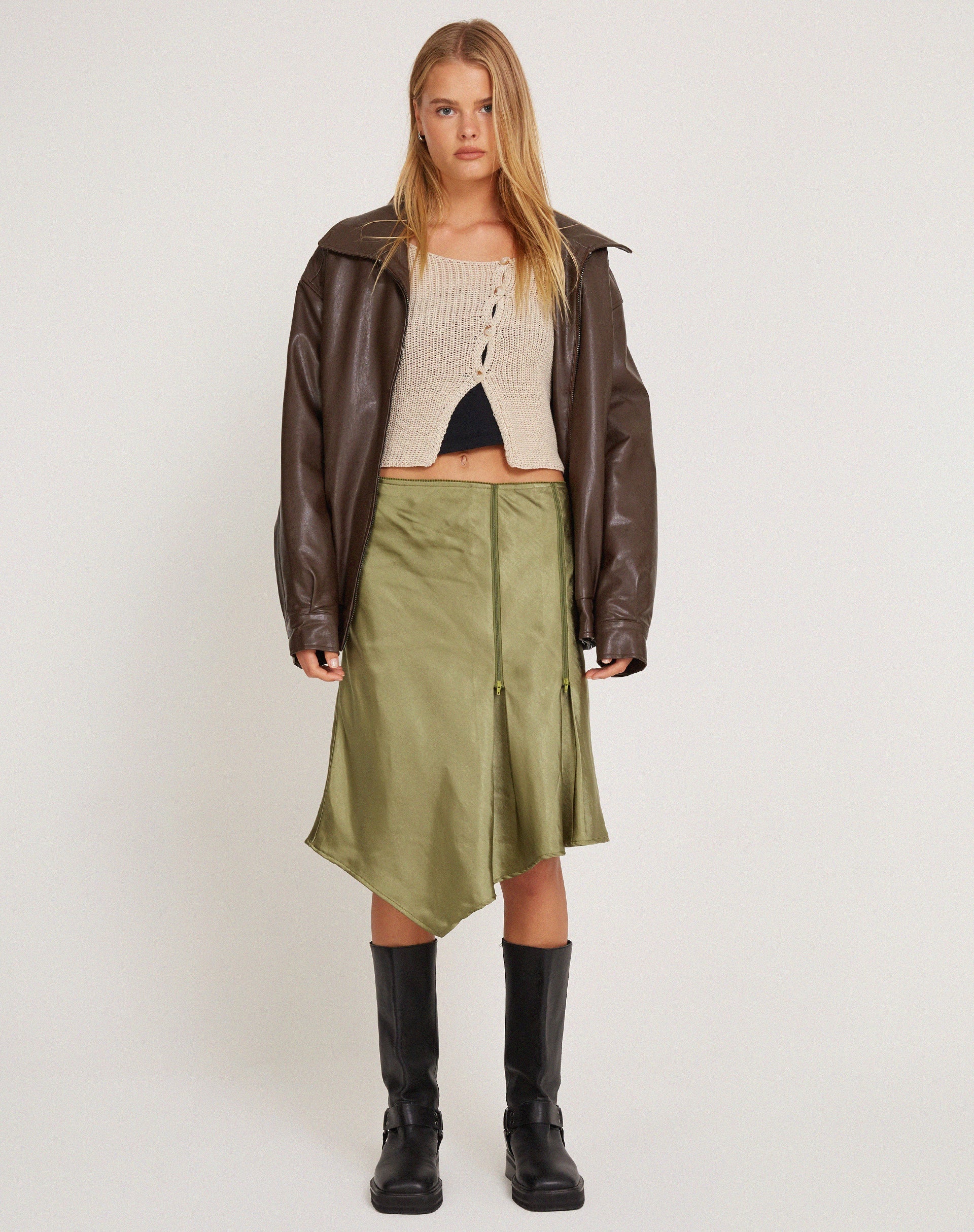 Image of Slaza Midi Skirt in Satin Olive