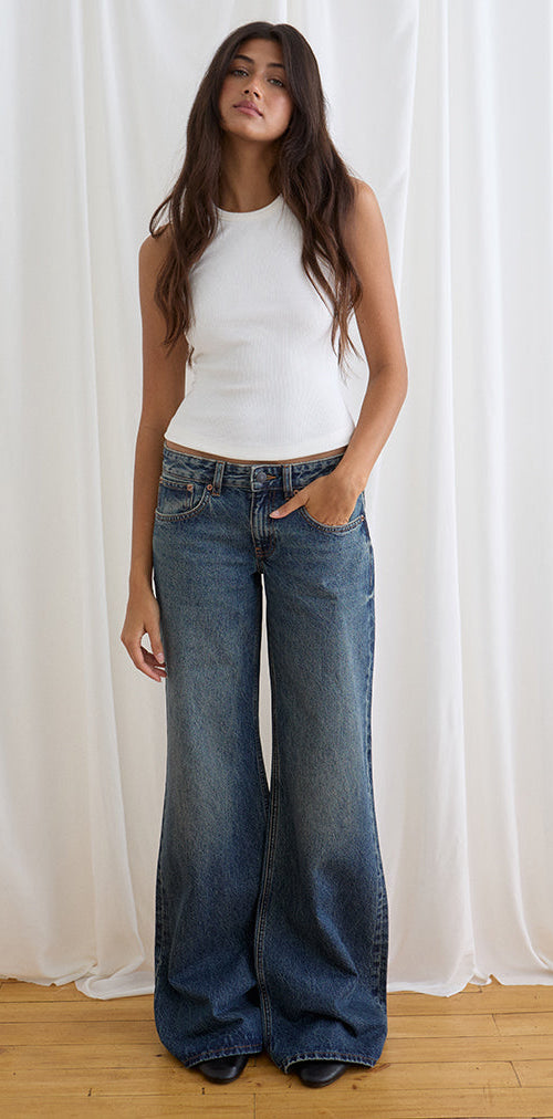 Image of Low Rise Slouchy Flare Jeans in Steel Blue