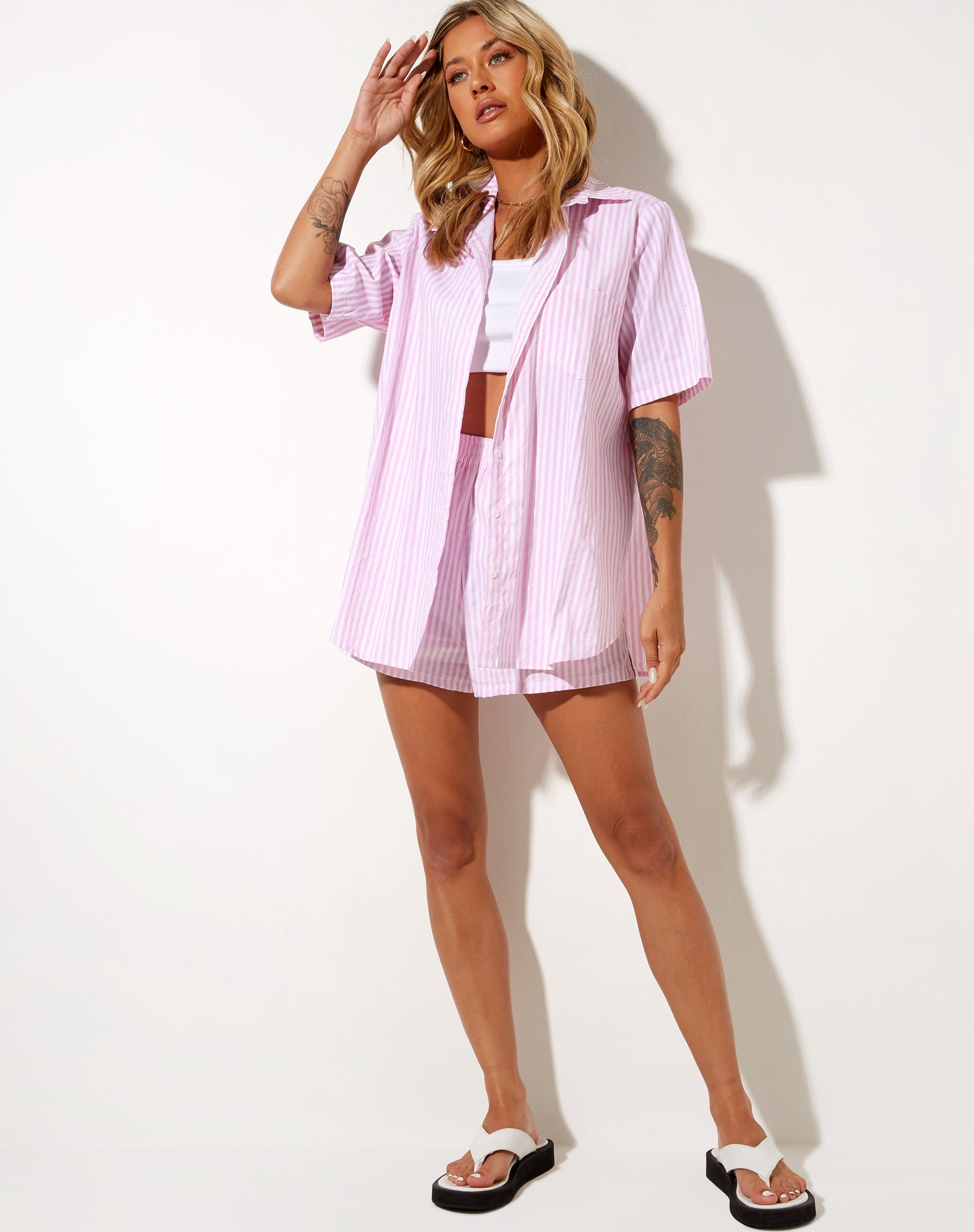 Image of Smith Short Sleeve Shirt in Vertical Stripe Pink and White