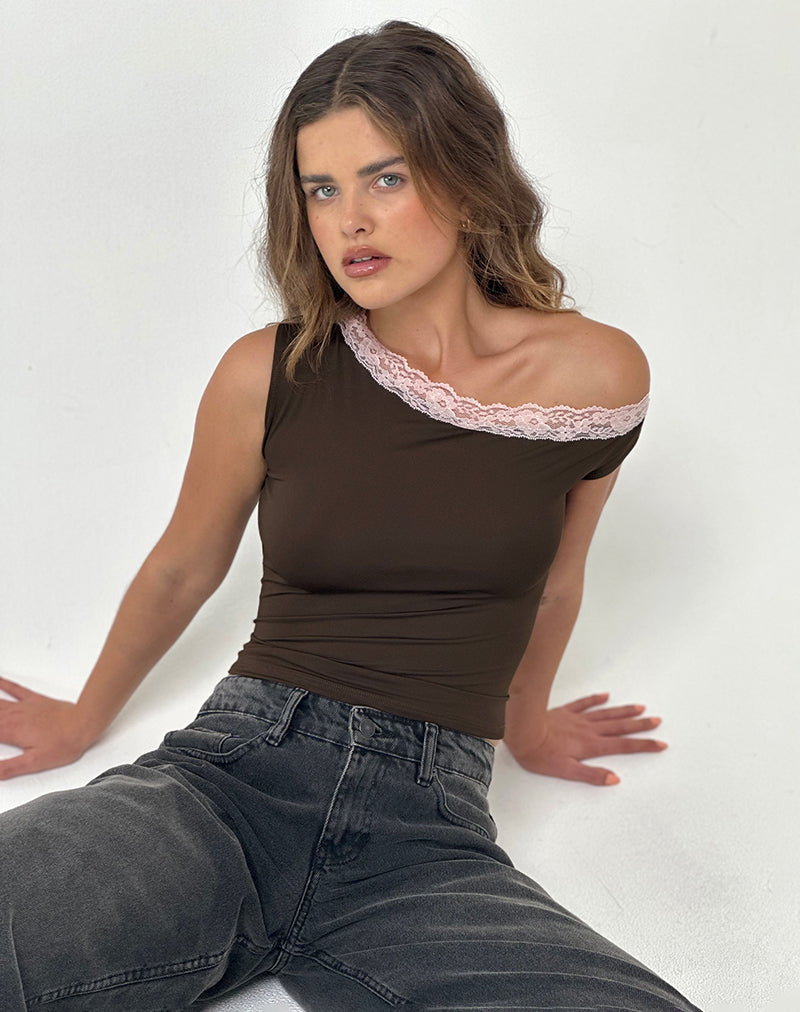 Image of Soleh One Shoulder Top in Brown Slinky with Pink Lace