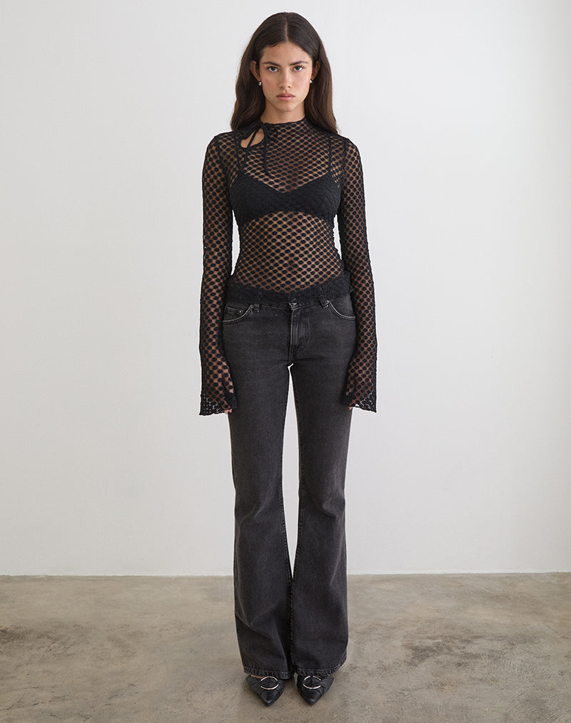 Sonam Long Sleeve Keyhole Top in Polka Lace Black