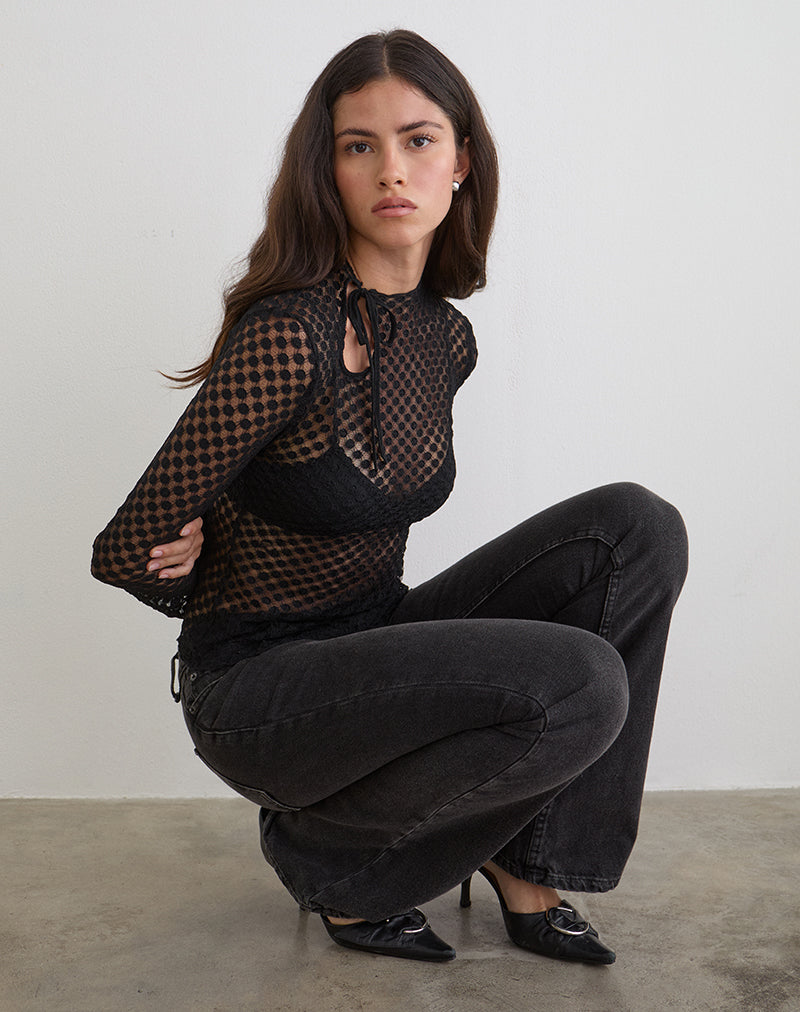 Image of Sonam Long Sleeve Keyhole Top in Polka Lace Black
