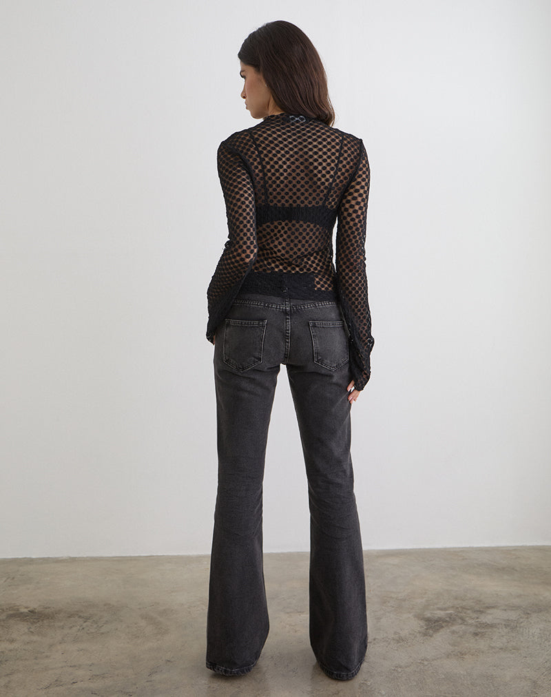 Image of Sonam Long Sleeve Keyhole Top in Polka Lace Black