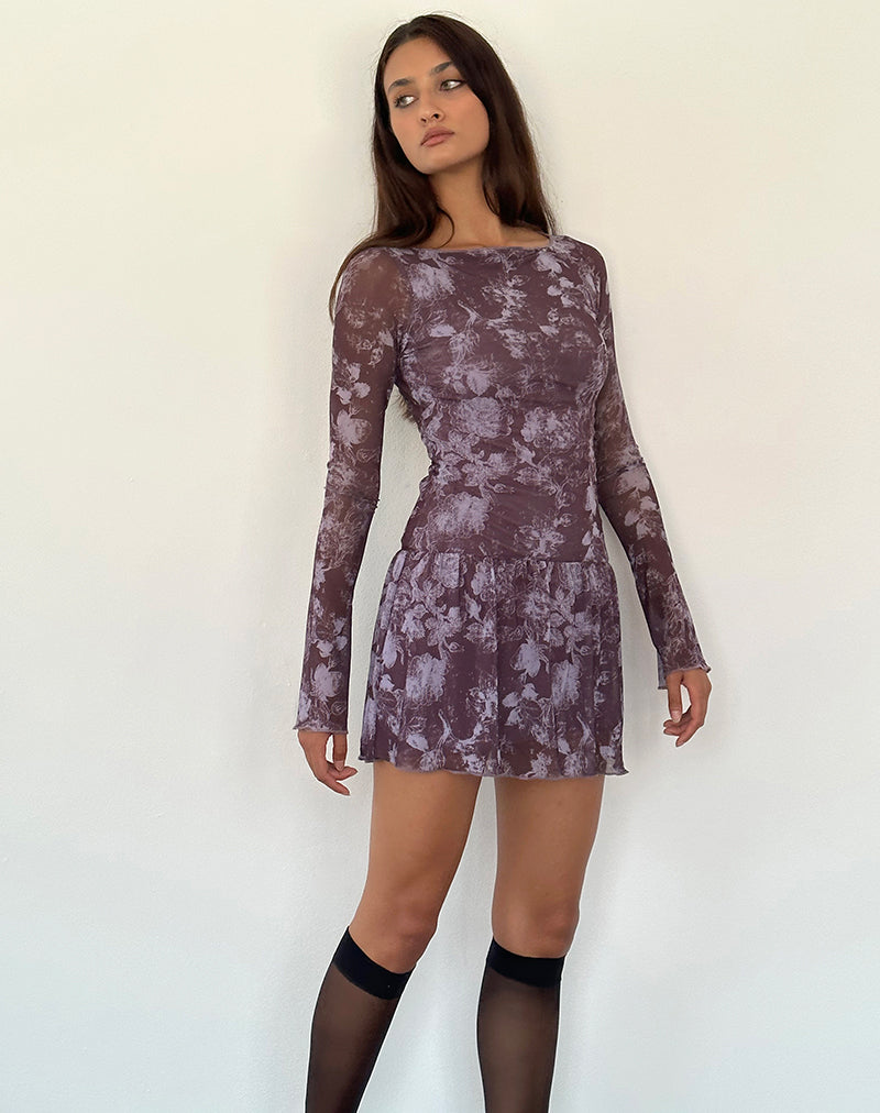 Image of Sonata Mini Dress in Botanic Sketch Purple