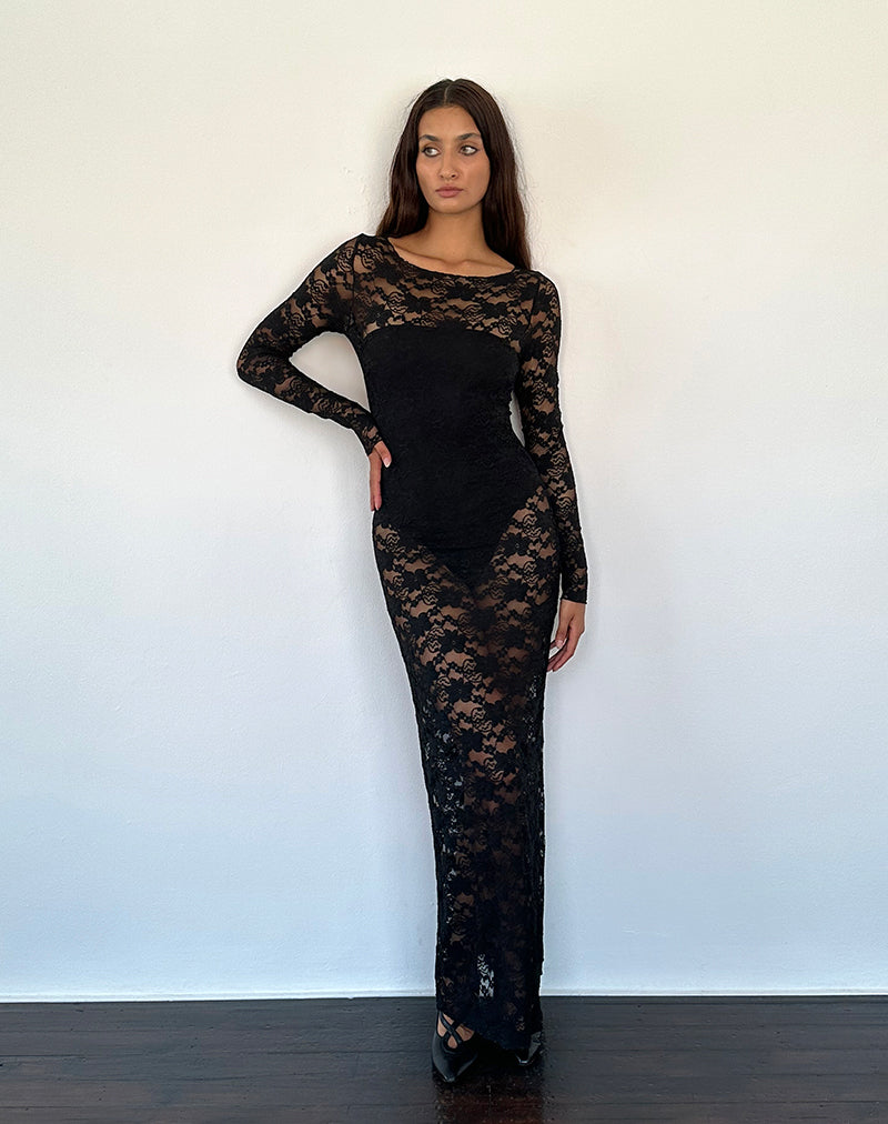 Sophie Unlined Maxi Dress in Black Jasmine Lace