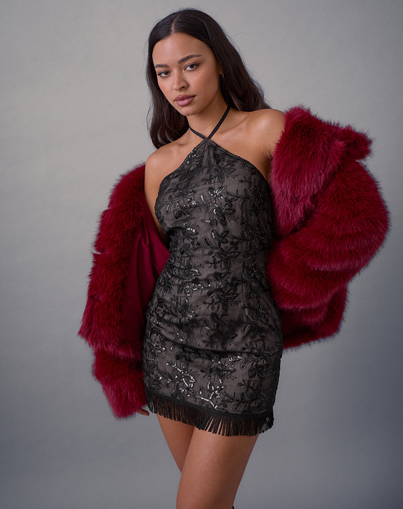 Soren Mini Dress in Floral Chiffon Sequin Black