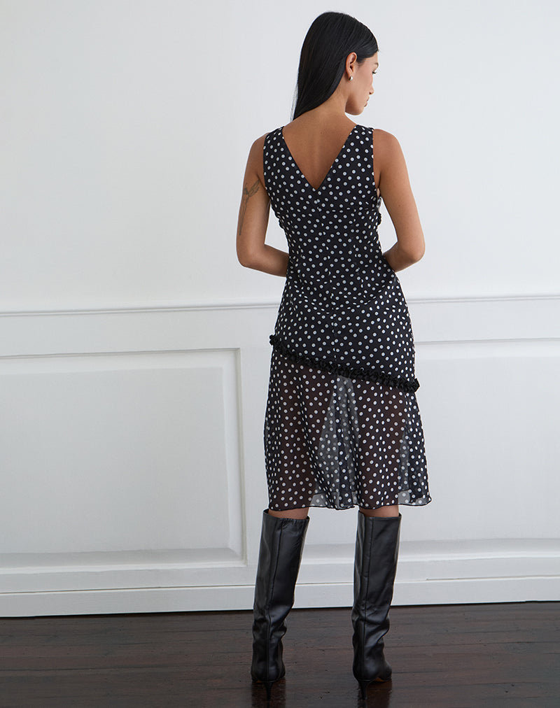 Image of Sovira Midi Dress in Chiffon Black with Tiny Polka Print