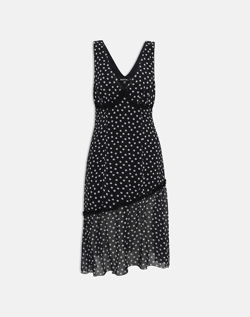 Image of Sovira Midi Dress in Chiffon Black with Tiny Polka Print