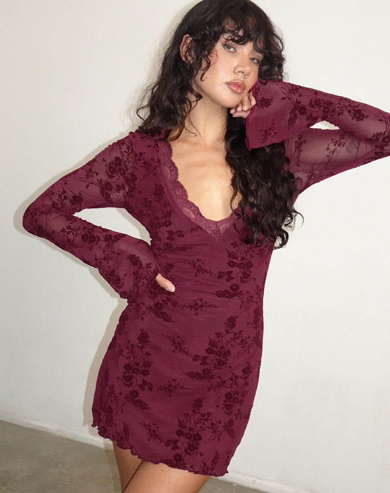 Image of Sriti Mini Dress in Botanical Flower Maroon