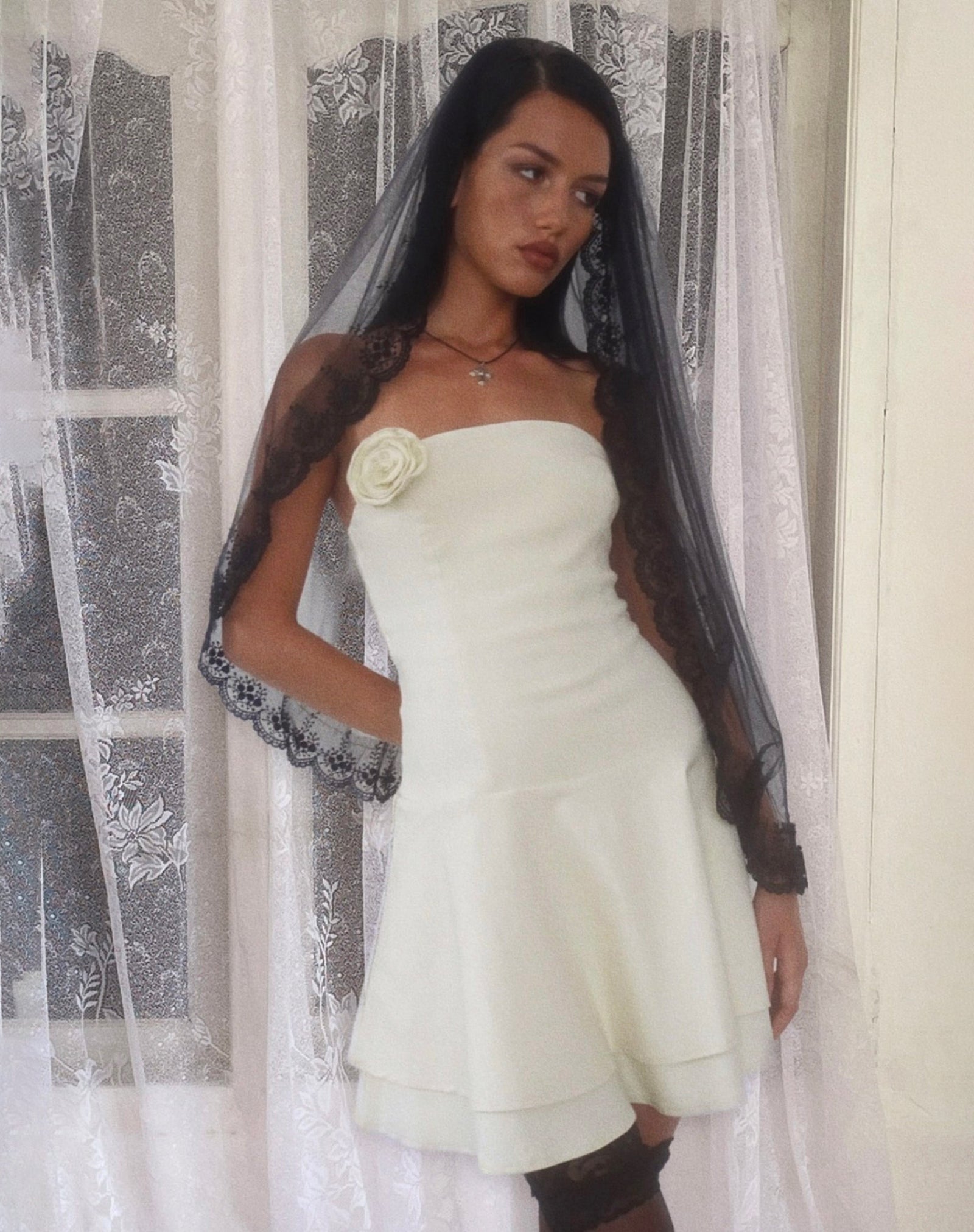 Striata Mini Dress in Cream with Rosette and Lace Back