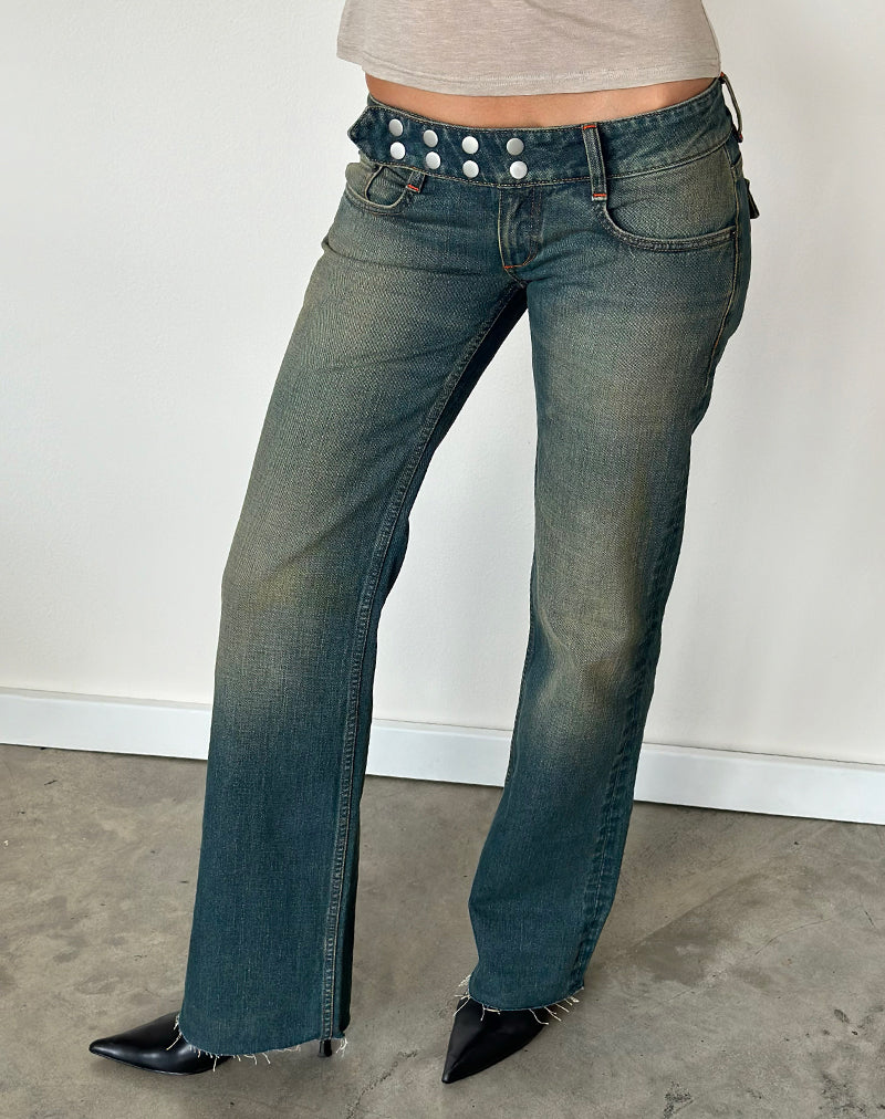 Image of Stud Low Rise Bootcut Jean in Worn Blue Wash