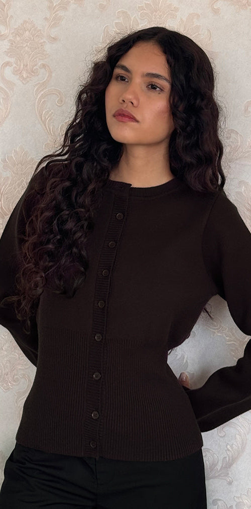 Image of Subra Long Sleeve Ribbed Hem Cardi in Bitter Chocolate