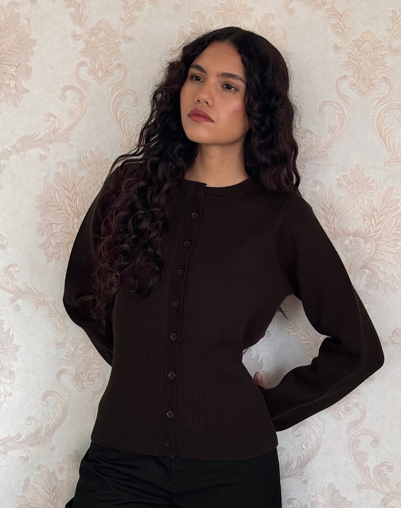 Image of Subra Long Sleeve Ribbed Hem Cardi in Bitter Chocolate