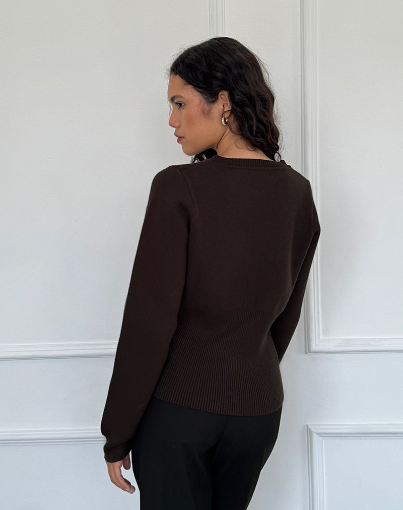 Image of Subra Long Sleeve Ribbed Hem Cardi in Bitter Chocolate