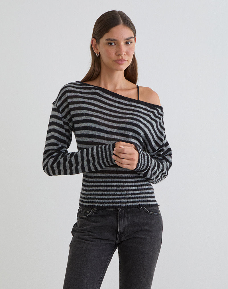 Suena Asymmetric Jumper in Stripe Black and Grey
