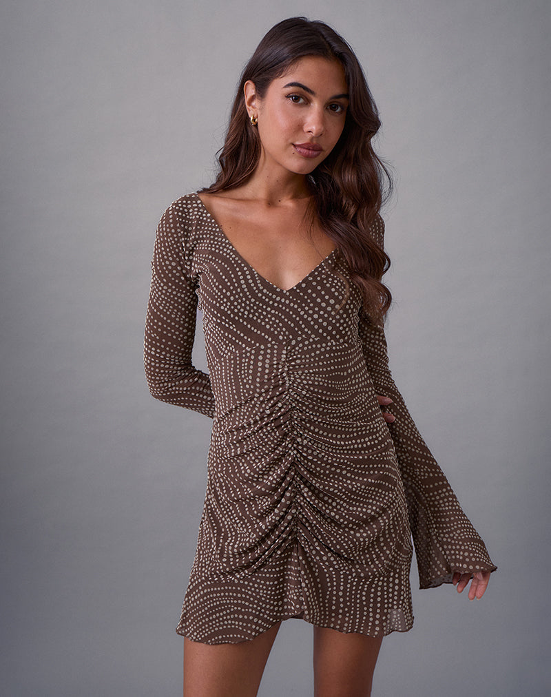 Sumiko Mini Dress in Abstract Polka Flock Brown