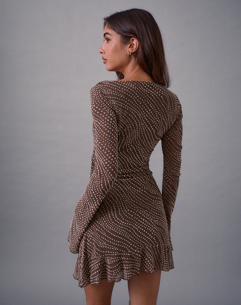 Image of Sumiko Mini Dress in Abstract Polka Flock Brown