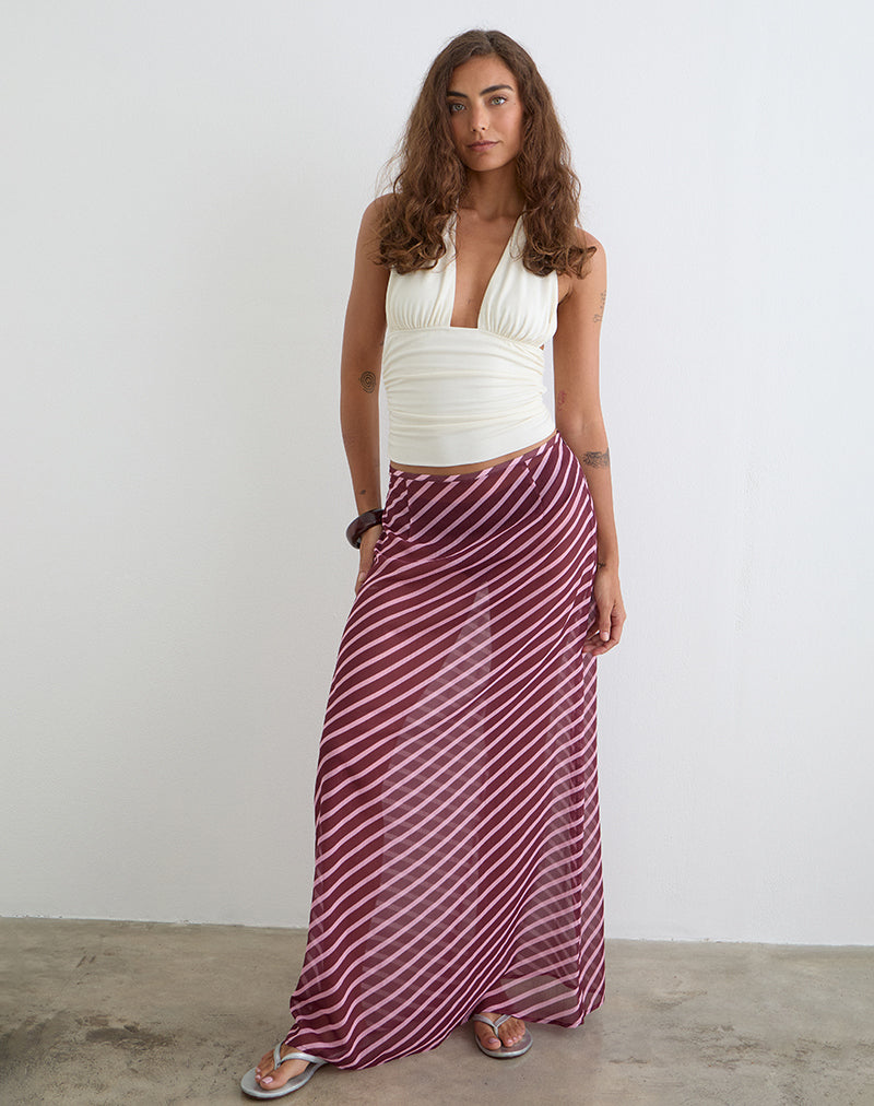 Gonna lunga Surina in chiffon a righe inclinate rosa e bordeaux