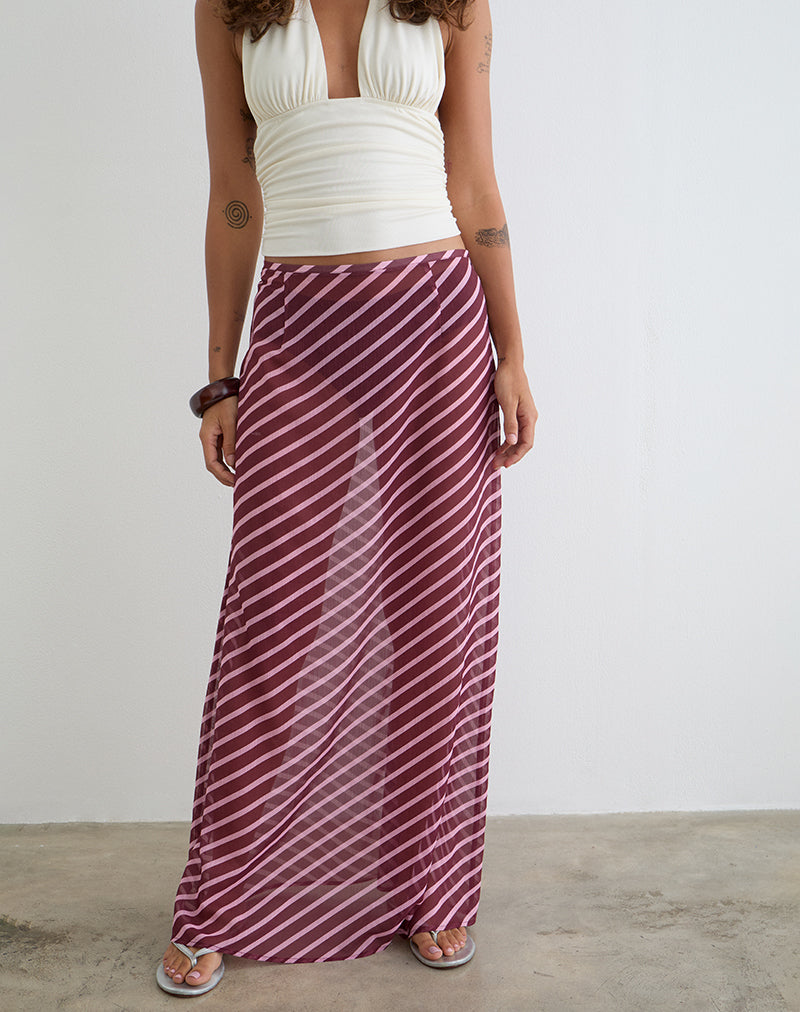 Gonna lunga Surina in chiffon a righe inclinate rosa e bordeaux
