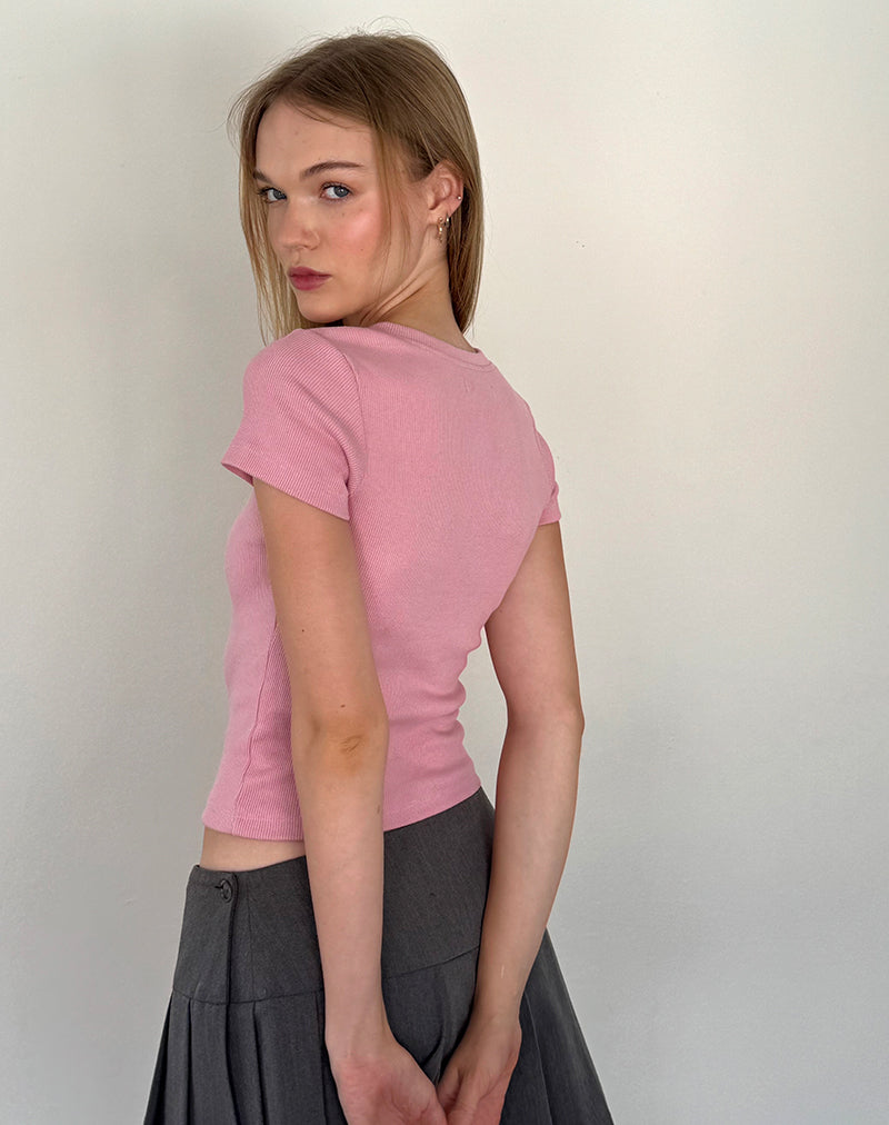 Image of Suti Ribbed Tee in Flamingo Pink with White Bow Embroidery