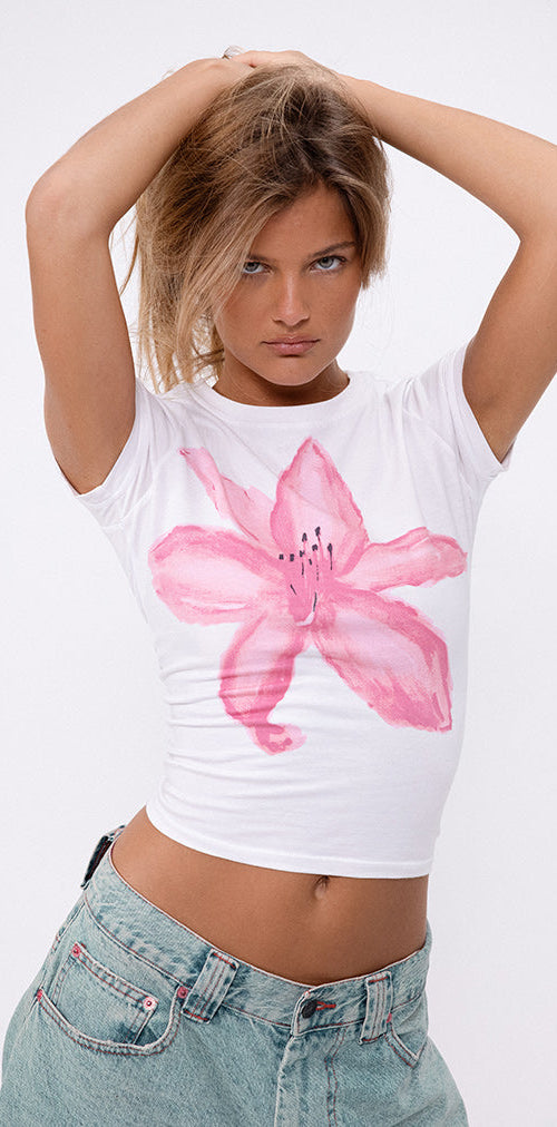 Image of Sutin Tee in White with Painted Flower Pink