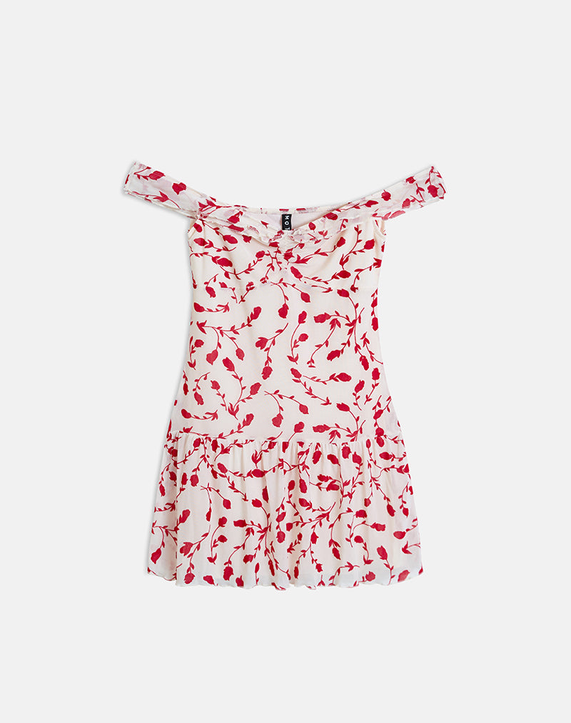 Image of Switaria Mini Dress in Cream with Red Leafy Lily Flock