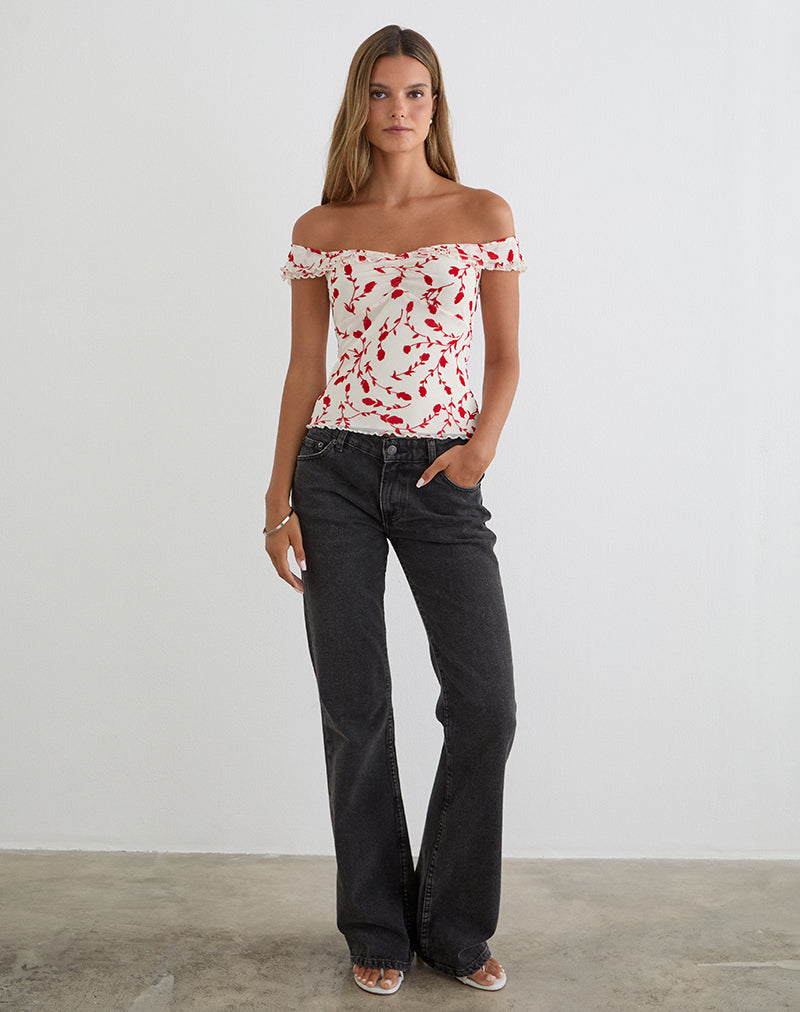 Image of Switi Bardot Top in Cream with Red Leafy Lily Flock