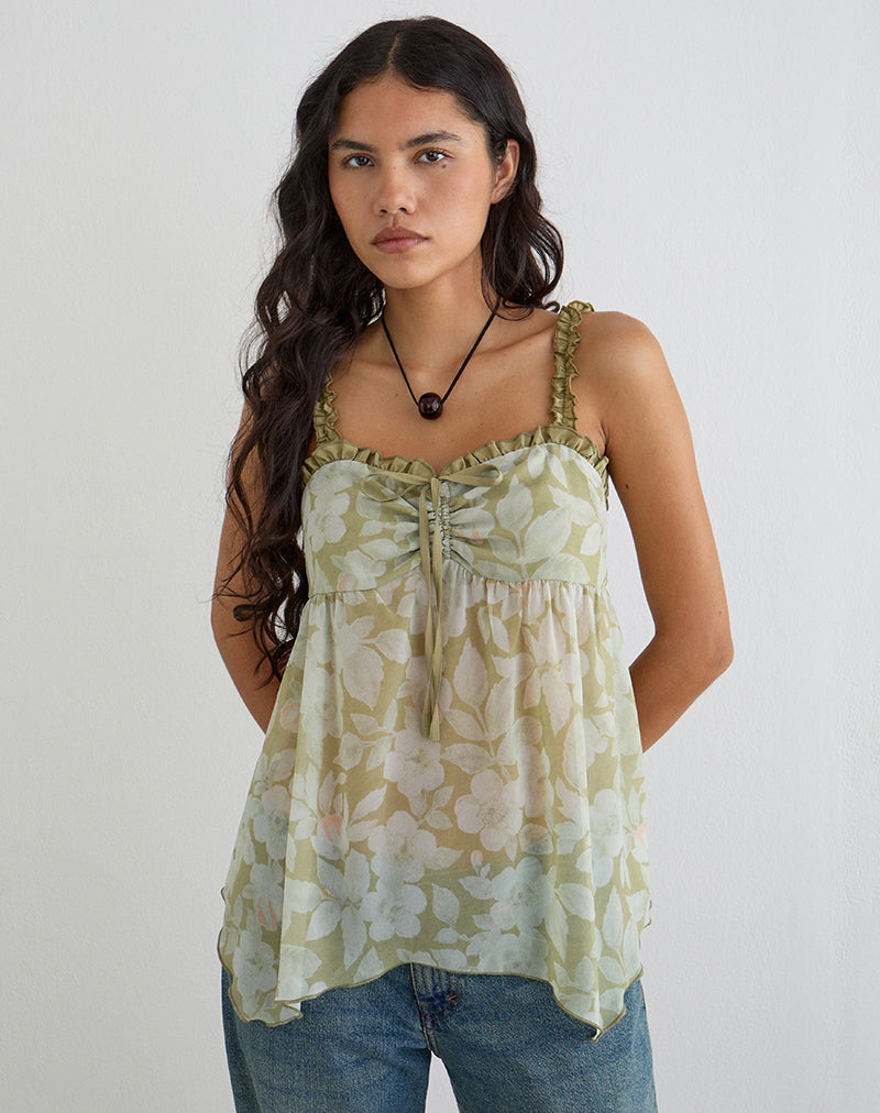 Image of Sylva Asymmetric Hem Cami Top in Pale Flower Green