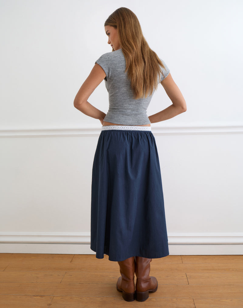 Image of Takira Midi Skirt in Dark Navy with Lace Trim