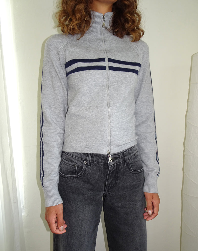 Image of Talisa Sporty Zip Through Jacket In Light Grey with Navy Stripes